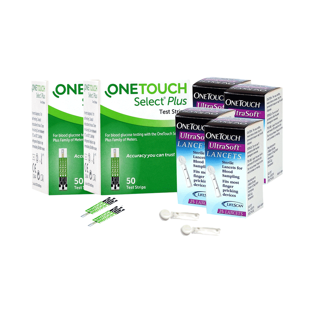 Combo Pack of 2 Boxes of OneTouch Select Plus Test Strip (50 Each) & 4 Boxes of OneTouch Ultrasoft Lancets (25 Each)