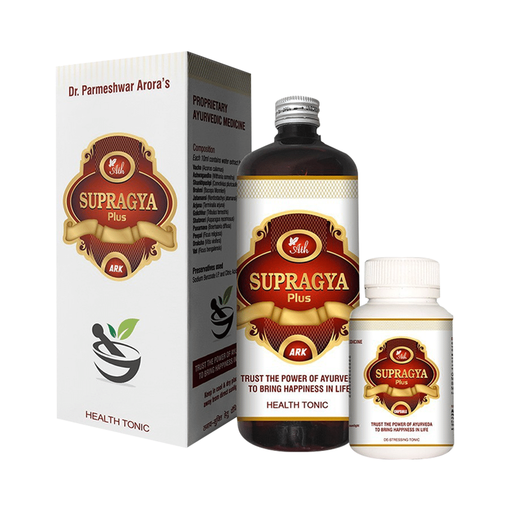 Ath Ayurveda 1 Month Combo Pack of 3 Bottles of Supragya Plus Ark (500ml Each) & Supragya Plus (120 Capsules)