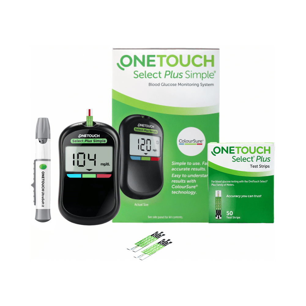OneTouch Select Plus Combo of Simple Glucometer with 10 Free Strips & 50 Test Strips