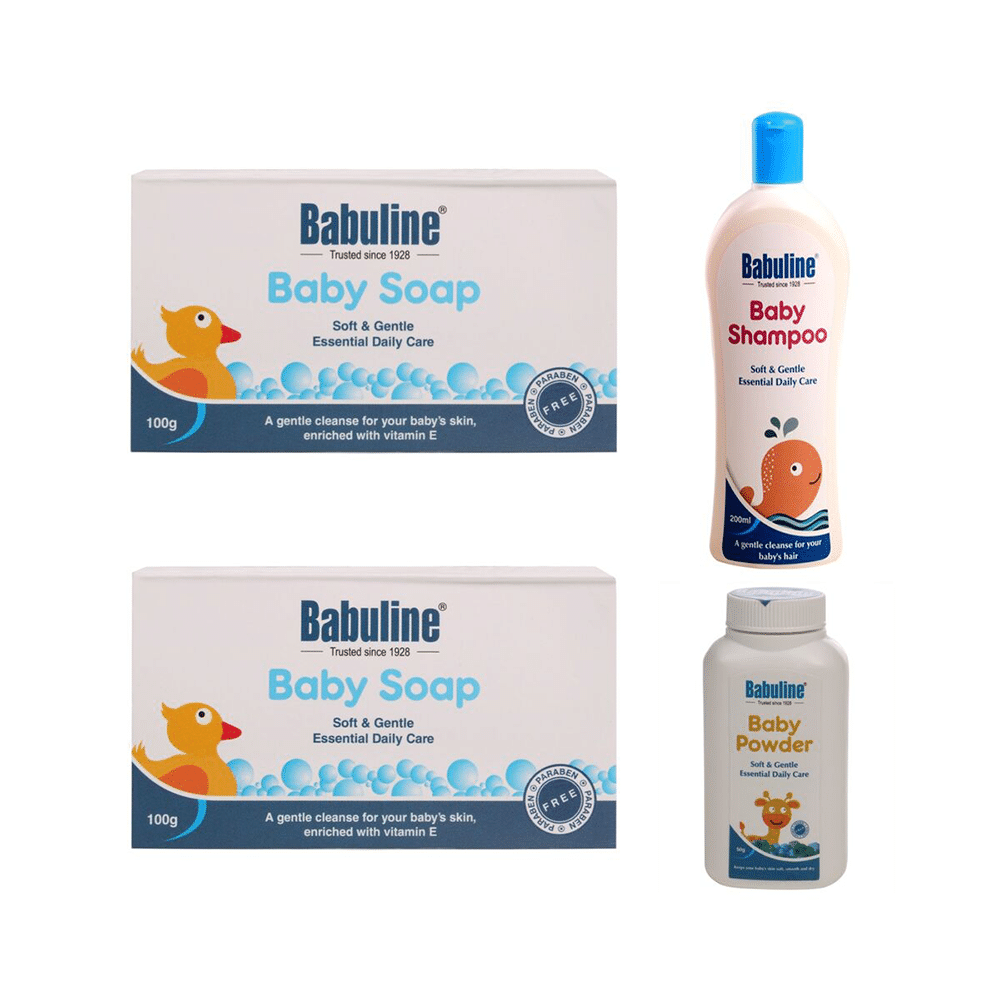 Babuline Combo Pack of 2 Baby Soap (100gm Each) & Baby Shampoo 200ml with Baby Powder 50gm Free