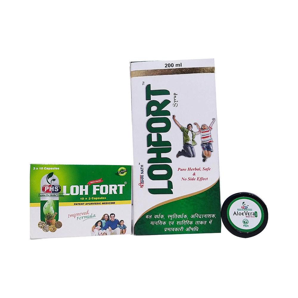Shri Nath Multivitamin Kit (Lohfort Syrup 200ml and Loh Fort 30 Capsule) with Aloevera 10gm Gel Free