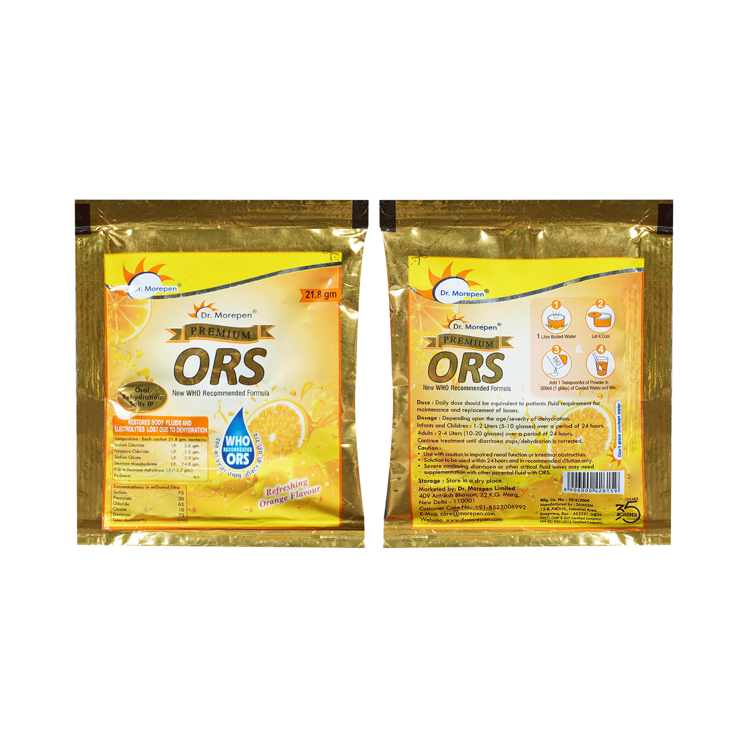 Dr. Morepen Premium ORS Powder | Sachet for Oral Rehydration (21.8gm Each)Flavour Orange