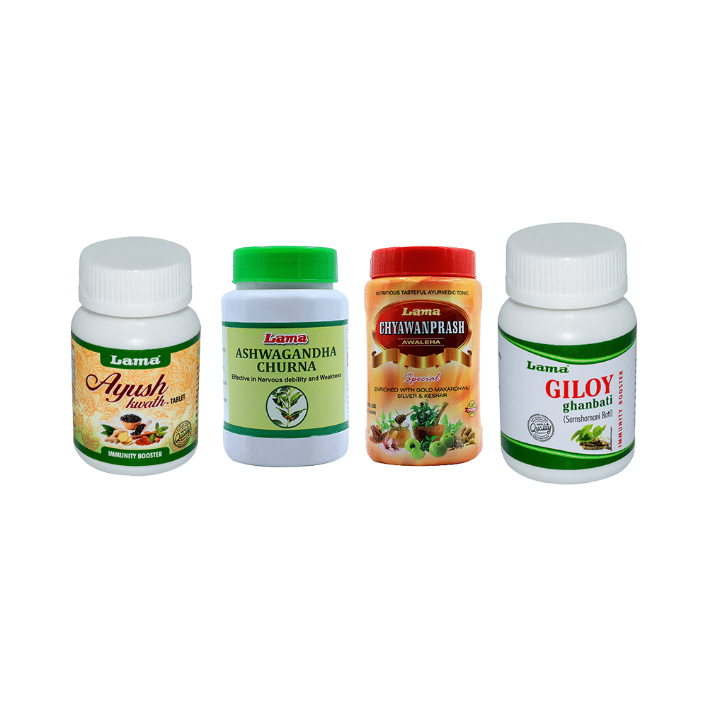 Lama Immunity Pack for Kids (Giloy Ghanbati 60 Tablet, Ayush Kwath 60 Tablet, Ashwagandha Churna 100gm & Chyawanprash Special 500gm)
