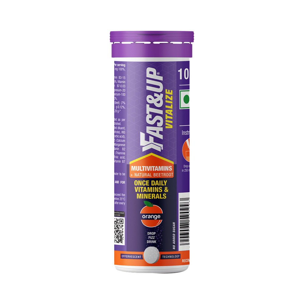 Fast&Up Vitalize Multivitamins + Natural Beetroot for Nutrition | No Added Sugar | Flavour Effervescent Tablet Orange