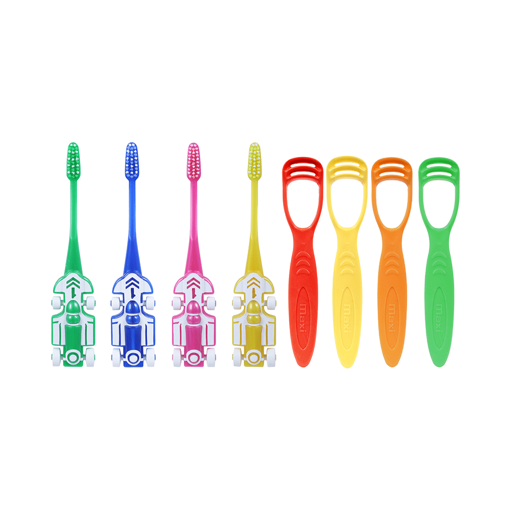 Maxi Oral Care Junior Pack of 4 Kids Zoom Car Junior Toothbrush & 4 Tongue Cleaner 1 Number