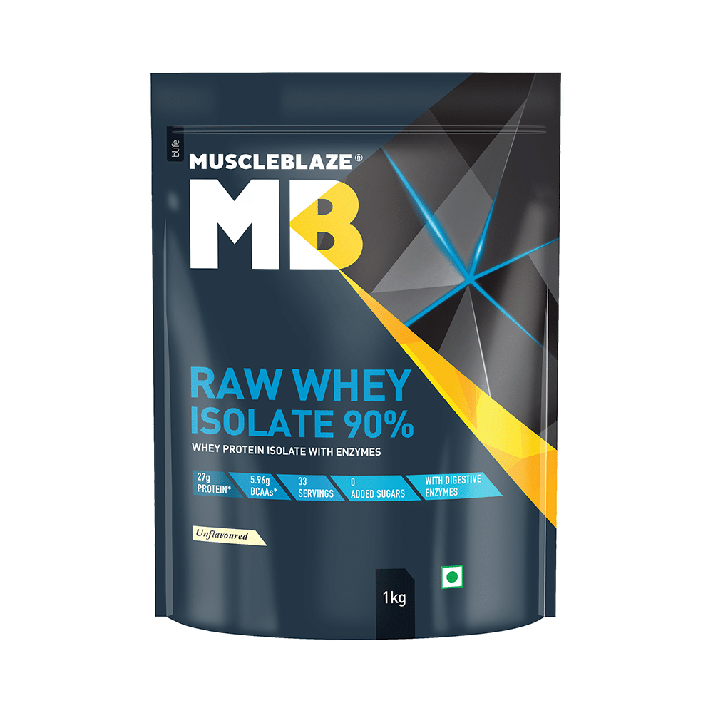 MuscleBlaze Raw Whey Protein Isolate | With Digestive Enzymes & BCAAs | For Muscle Gain | Unflavoured