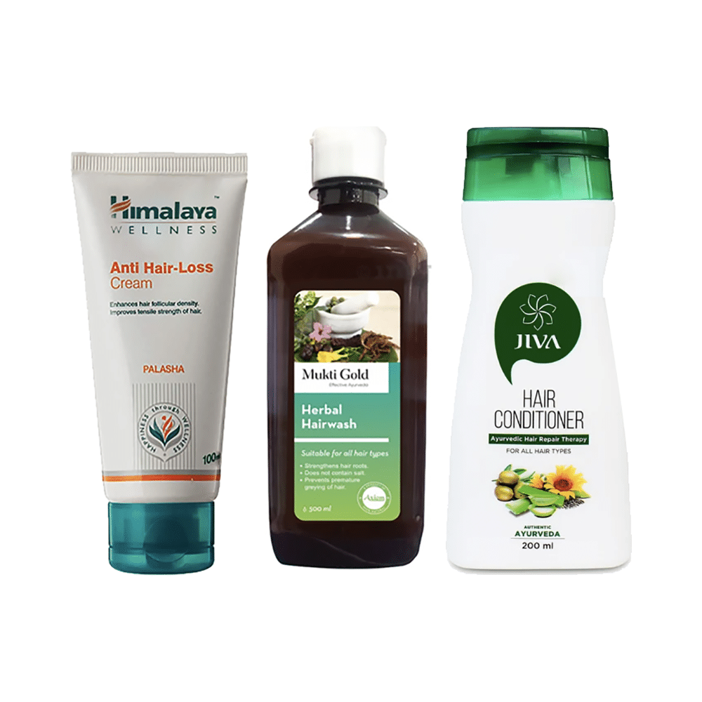 Hair Care Combo of Axiom Mukti Gold Hairwash Shampoo 500ml, Himalaya Wellness Anti-Hair Loss Cream 100ml and Jiva Hair Conditioner 200ml