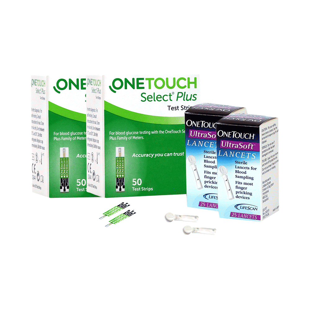 Combo Pack of 2 Boxes of OneTouch Select Plus Test Strip (50 Each) & 2 Boxes of OneTouch Ultrasoft Lancets (25 Each)