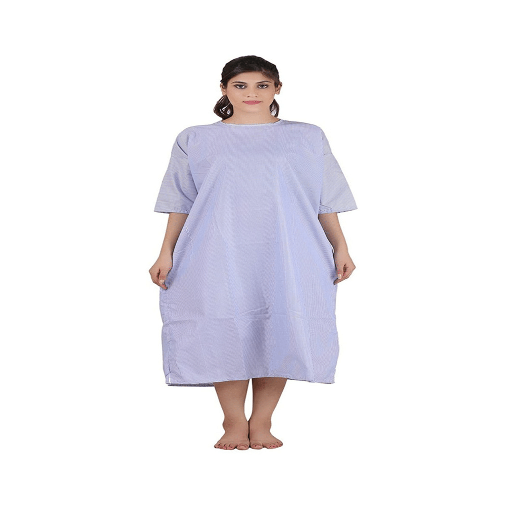 Agarwals Poly Cotton Patient Gown Back Open Blue White Stripes