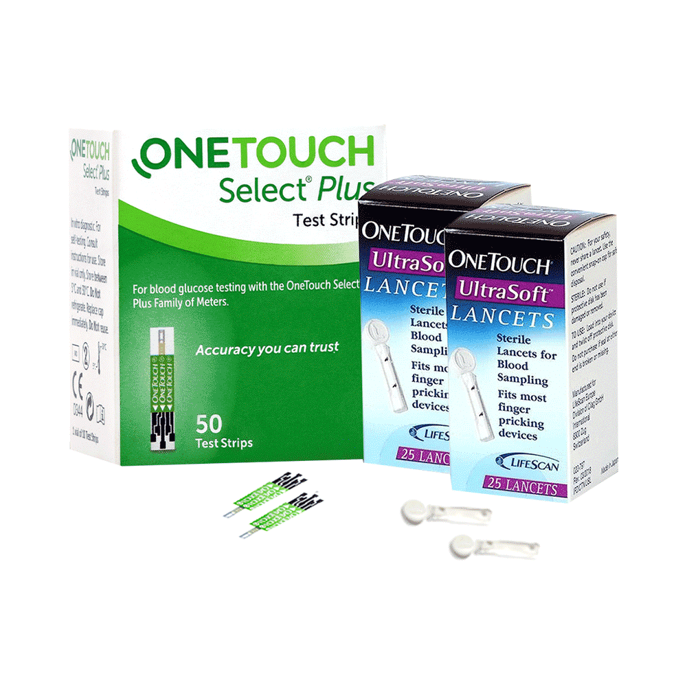 Combo Pack of OneTouch Select Plus Test Strip (50) & 2 Boxes of OneTouch Ultrasoft Lancets (25 Each)