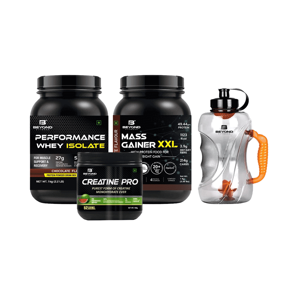 Beyond Fitness Combo Pack of Performance Whey Isolate 2.2lbs with 27g Protein (1kg)& Mass Gainer XXL 2.2lbs with Digezyme(1 kg) & Creatine Pro, 3g pure Creatine Monohydrate(1kg) with 1.5ltr Gallon