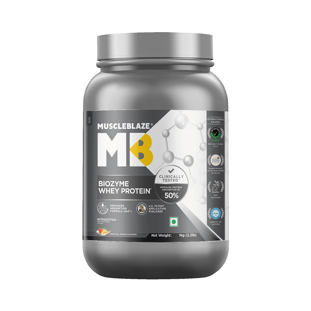 MuscleBlaze Flavour | Biozyme Whey Protein | Powder for Muscle Gain | Improves Protein Absorption by 50% Magical Mango